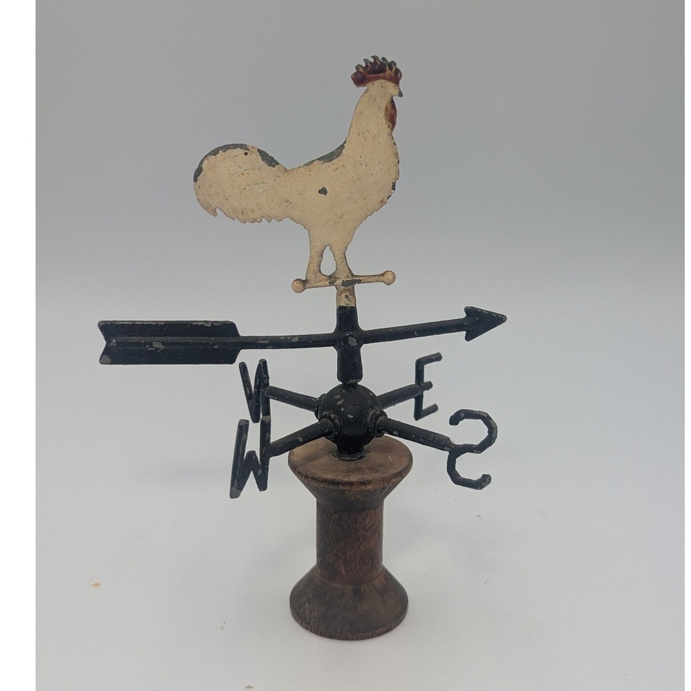 Vintage Miniature Rooster Weather Vane Metal Wood Farmhouse Decor White Black